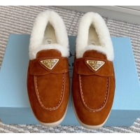 Sumptuous Prada Suede and Shearling Loafers P112004 Dark Brown 2025