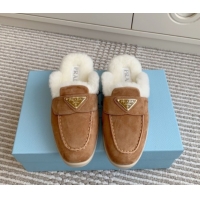 Sumptuous Prada Suede and Shearling Mules P112005 Light Brown 2025