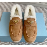 Top Grade Prada Suede and Shearling Loafers P112006 Light Brown 2025