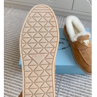 Top Grade Prada Suede and Shearling Loafers P112006 Light Brown 2025