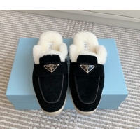 Perfect Prada Suede and Shearling Mules P112009 Black 2025
