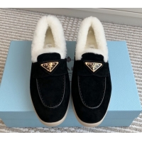 Luxury Cheap Prada Suede and Shearling Loafers P112010 Black 2025