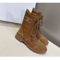 Sumptuous Celine Margaret Laced-up Ankle Boots in Nylon and Suede Brown 1024030