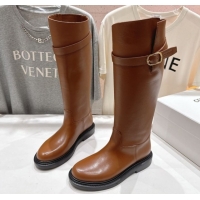 Good Looking Celine Universite Flat High Boots in Calfskin Leather with Buckle Brown 1024038