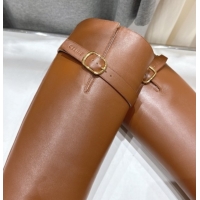 Good Looking Celine Universite Flat High Boots in Calfskin Leather with Buckle Brown 1024038