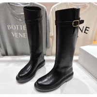Stylish Celine Universite Flat High Boots in Calfskin Leather with Buckle Black 1024039