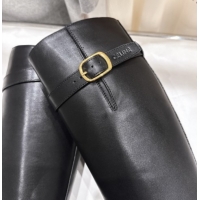 Stylish Celine Universite Flat High Boots in Calfskin Leather with Buckle Black 1024039