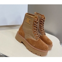 Sumptuous Celine Laced-up Platform Ankle Boots 5cm in Canvas and Calfskin Brown 2025 CE102402 1024046