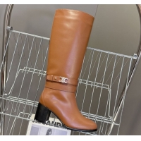 Good Quality Celine Garance Heel High Boots 6cm in Calfskin Leather with Triomphe Logo Strap Brown 1024048