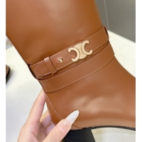 Good Quality Celine Garance Heel High Boots 6cm in Calfskin Leather with Triomphe Logo Strap Brown 1024048