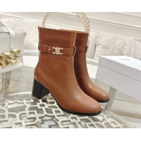 Hot Style Celine Garance Heel Ankle Boots 6cm in Calfskin Leather with Triomphe Logo Strap Tan Brown 1024050