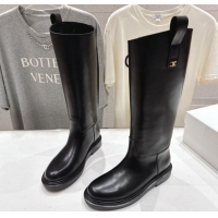 Cheap Price Celine Flat High Boots in Waxed Calfskin Leather with Triomphe Logo Strap Black 2025 CE102403 1024052