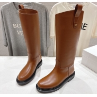 Good Looking Celine Flat High Boots in Waxed Calfskin Leather with Triomphe Logo Strap Brown 2025 CE102403 1024053