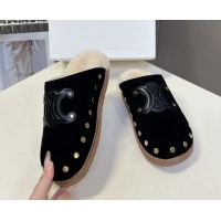 Best Product Celine Pitea Clog Flat Mules in Suede and Wool with Studs Black 1024054