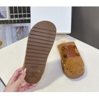 Popular Style Celine Pitea Clog Flat Mules in Suede and Wool with Studs Brown 1024055