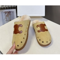 Low Price Celine Pitea Clog Flat Mules in Suede and Wool with Studs Yellow 1024056
