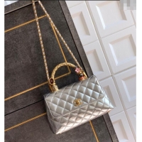 Best Price Chanel Calfskin Leather Small Flap Bag with Top Handle and Charm CH112701 Silver 2025