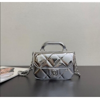 Top Grade Chanel Metallic Mirror Calfskin Mini Flap Bag with Top Handle AS5805 Silver 2025