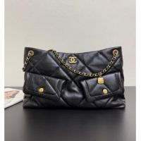 Good Product Chanel Shiny Lambskin Shopping Bag with Pockets AS5740 Black 2025