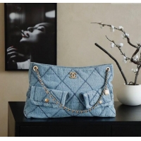 Good Quality Chanel Washed Denim Shopping Bag with Pockets AS5740 Light Blue 2025