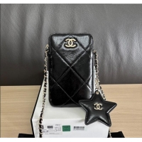 Inexpensive Chanel Shiny Crumpled Calfskin Phone Holder with Chain AP4777 Black 2025