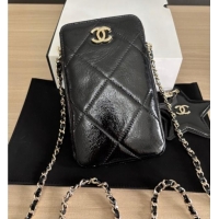Inexpensive Chanel Shiny Crumpled Calfskin Phone Holder with Chain AP4777 Black 2025