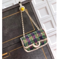 Best Price Chanel Tweed & Shearling Large Flap Bag AS5686 Green/Purple 2025