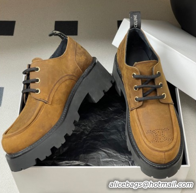 Purchase Celine Triomphe Platform Derbies laced-up Shoes 6cm in Suede Brown 2025 CE102405 1024062