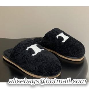 Good Quality Celine Georgia Flat Slides Sandal in Shearling Black 1024065