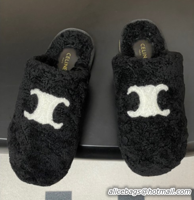 Good Quality Celine Georgia Flat Slides Sandal in Shearling Black 1024065