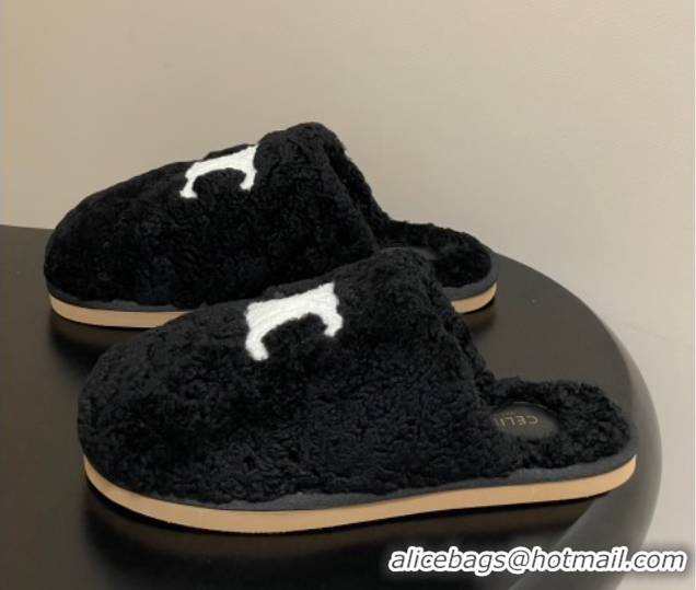 Good Quality Celine Georgia Flat Slides Sandal in Shearling Black 1024065