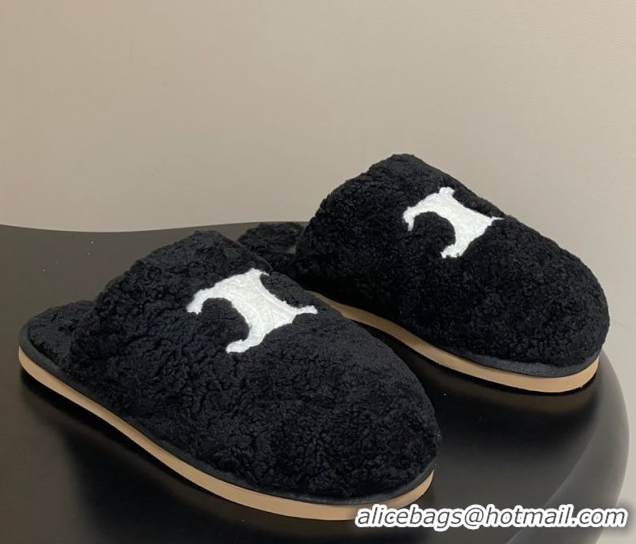 Good Quality Celine Georgia Flat Slides Sandal in Shearling Black 1024065