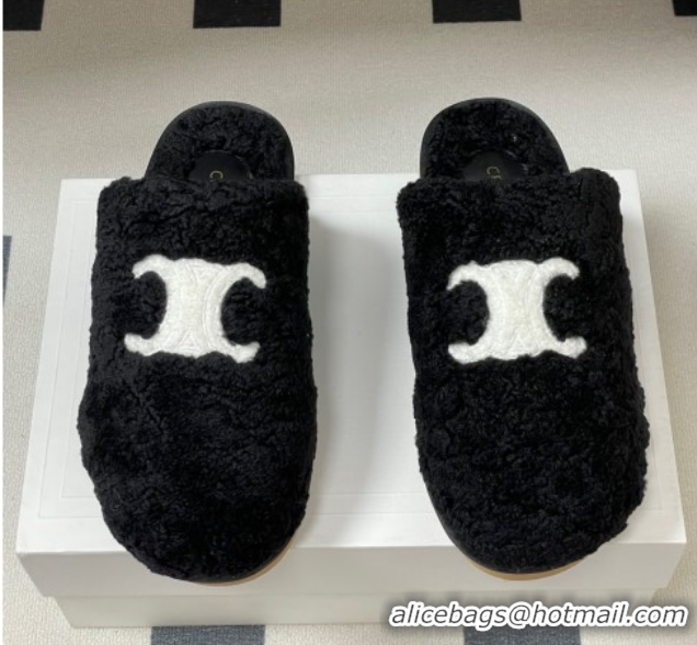 Good Quality Celine Georgia Flat Slides Sandal in Shearling Black 1024065