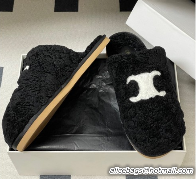 Good Quality Celine Georgia Flat Slides Sandal in Shearling Black 1024065