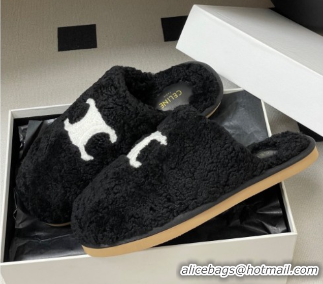 Good Quality Celine Georgia Flat Slides Sandal in Shearling Black 1024065