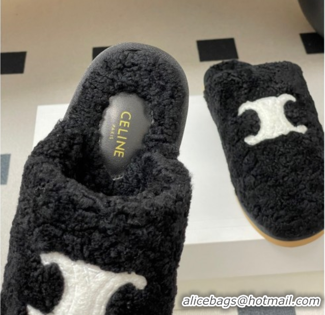 Good Quality Celine Georgia Flat Slides Sandal in Shearling Black 1024065