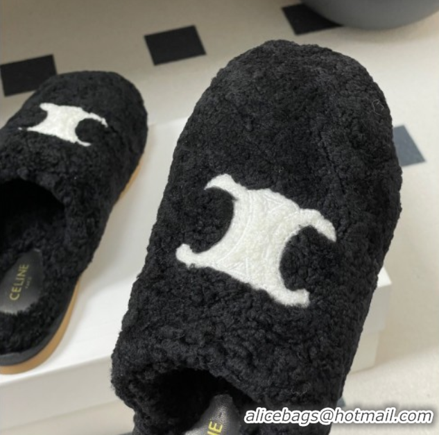 Good Quality Celine Georgia Flat Slides Sandal in Shearling Black 1024065