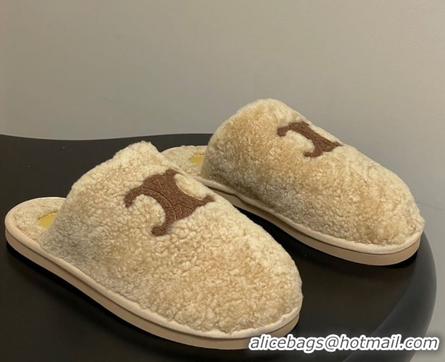 Pretty Style Celine Georgia Flat Slides Sandal in Shearling Beige 1024066