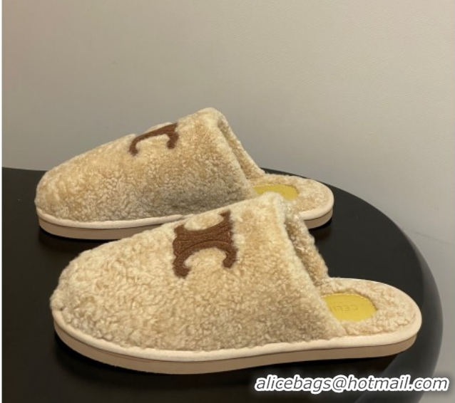 Pretty Style Celine Georgia Flat Slides Sandal in Shearling Beige 1024066