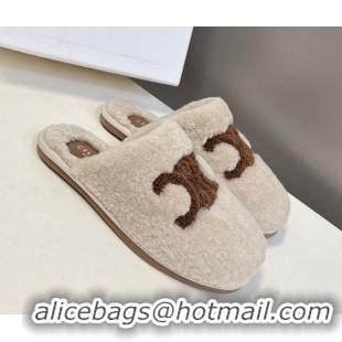 Sophisticated Celine Georgia Flat Slides Sandal in Shearling Light Grey 1024068
