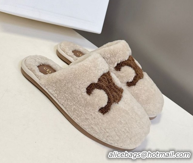 Sophisticated Celine Georgia Flat Slides Sandal in Shearling Light Grey 1024068