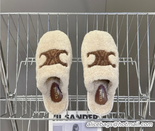 Sophisticated Celine Georgia Flat Slides Sandal in Shearling Light Grey 1024068