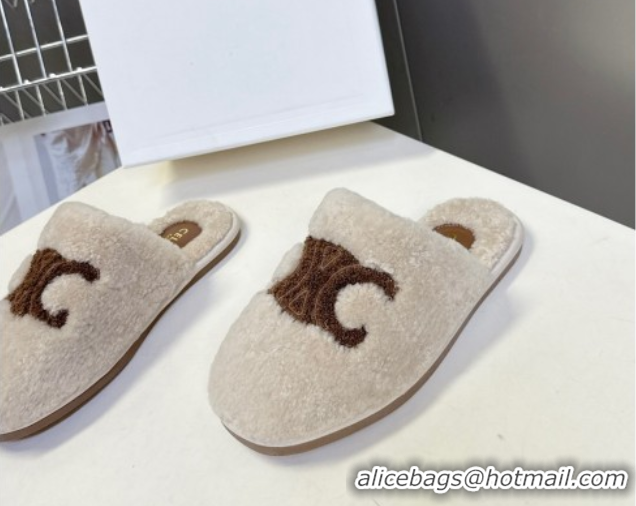 Sophisticated Celine Georgia Flat Slides Sandal in Shearling Light Grey 1024068