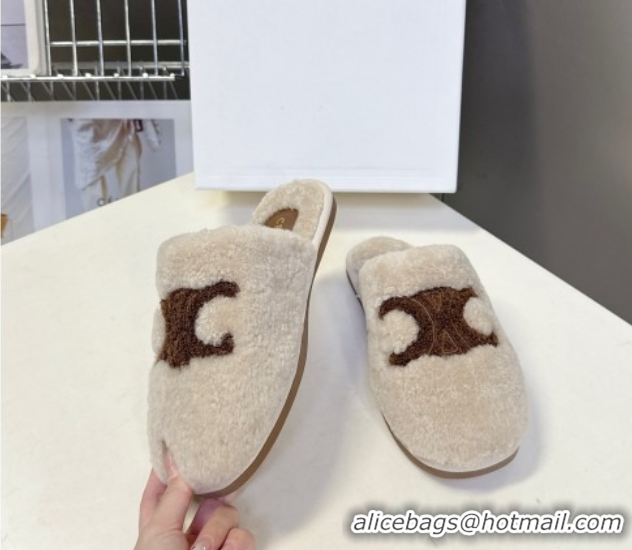 Sophisticated Celine Georgia Flat Slides Sandal in Shearling Light Grey 1024068