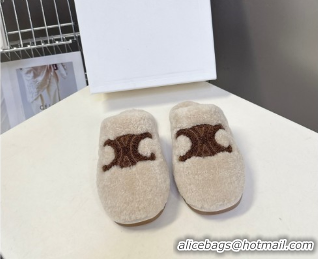 Sophisticated Celine Georgia Flat Slides Sandal in Shearling Light Grey 1024068