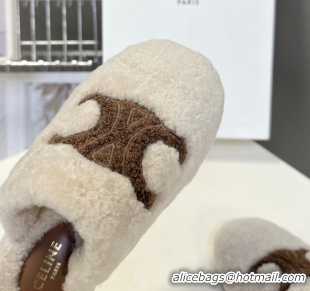 Sophisticated Celine Georgia Flat Slides Sandal in Shearling Light Grey 1024068