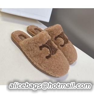 Duplicate Celine Georgia Flat Slides Sandal in Shearling Tan Brown 1024069