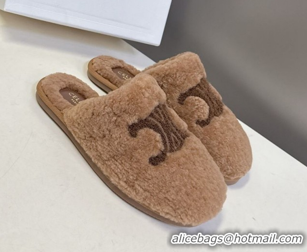 Duplicate Celine Georgia Flat Slides Sandal in Shearling Tan Brown 1024069