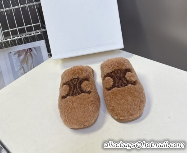 Duplicate Celine Georgia Flat Slides Sandal in Shearling Tan Brown 1024069