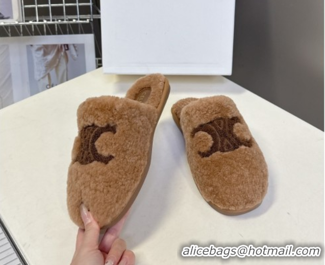 Duplicate Celine Georgia Flat Slides Sandal in Shearling Tan Brown 1024069